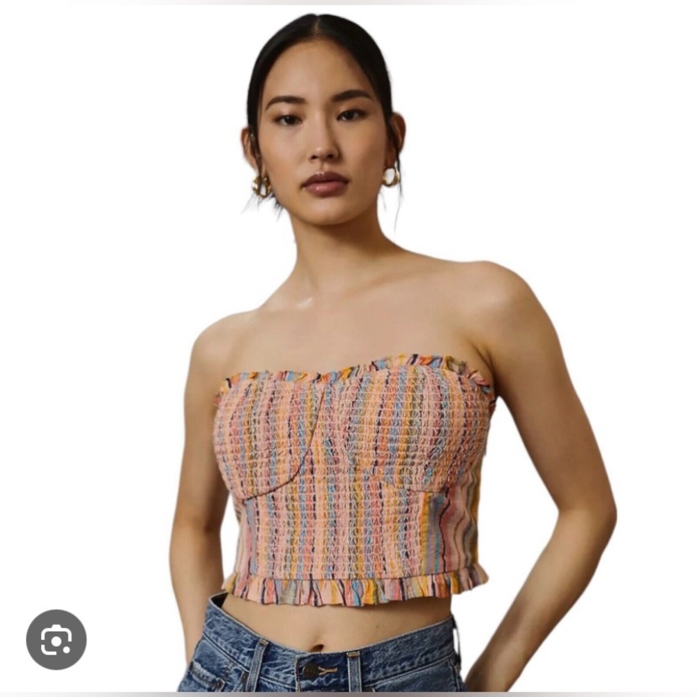 Anthropologie Pilcro Rainbow Pink Strapless Smocked Crop Tube Top, size XS